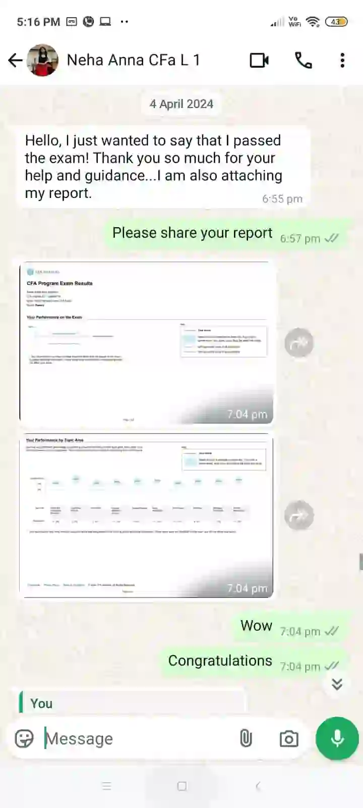 WhatsApp review: RBei Classes student Neha Anna passed CFA Level 1, April 2024