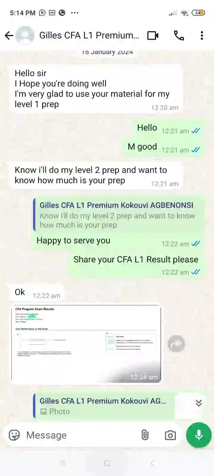 WhatsApp review: RBei Classes student Gilles cleared CFA Level 1, January 2024