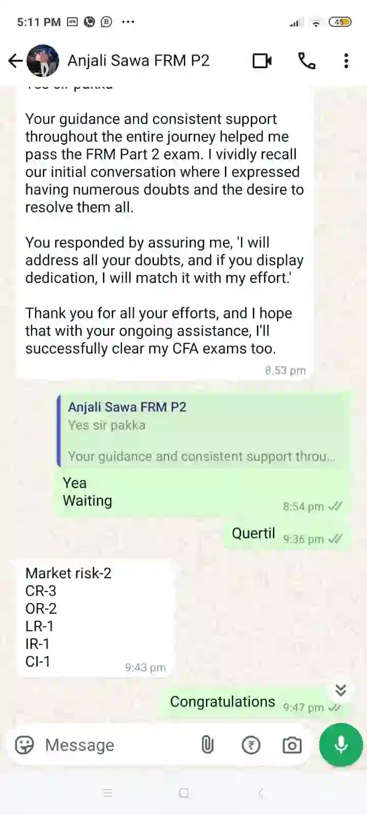 WhatsApp review: RBei Classes student Anjali Sawa passed FRM Part 2