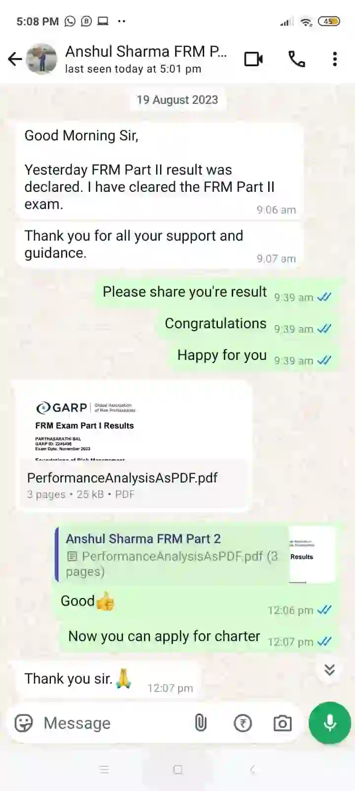 WhatsApp review: RBei Classes student Anshul Sharma cleared FRM Part 2, August 2023