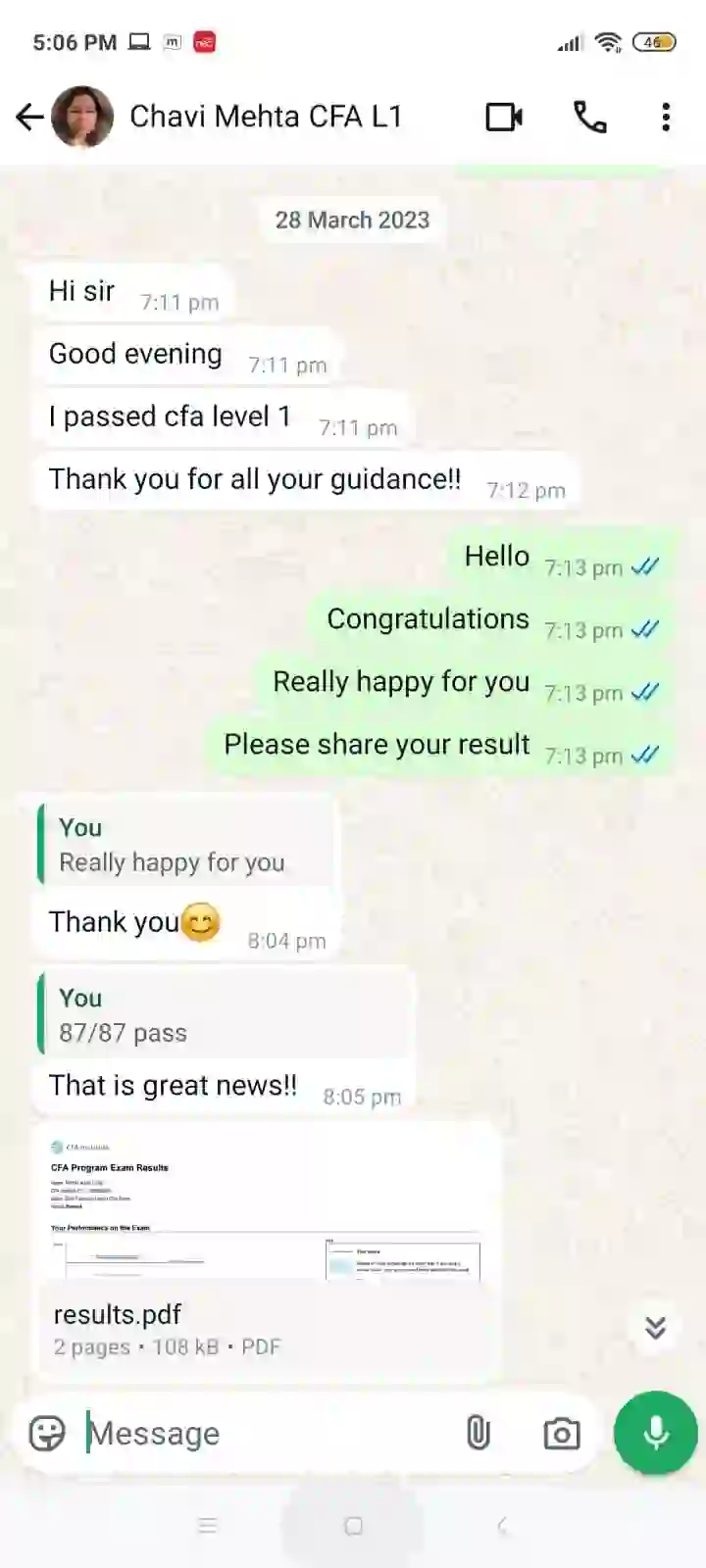 WhatsApp review: RBei Classes student Chavi Mehta passed CFA Level 1, March 2023