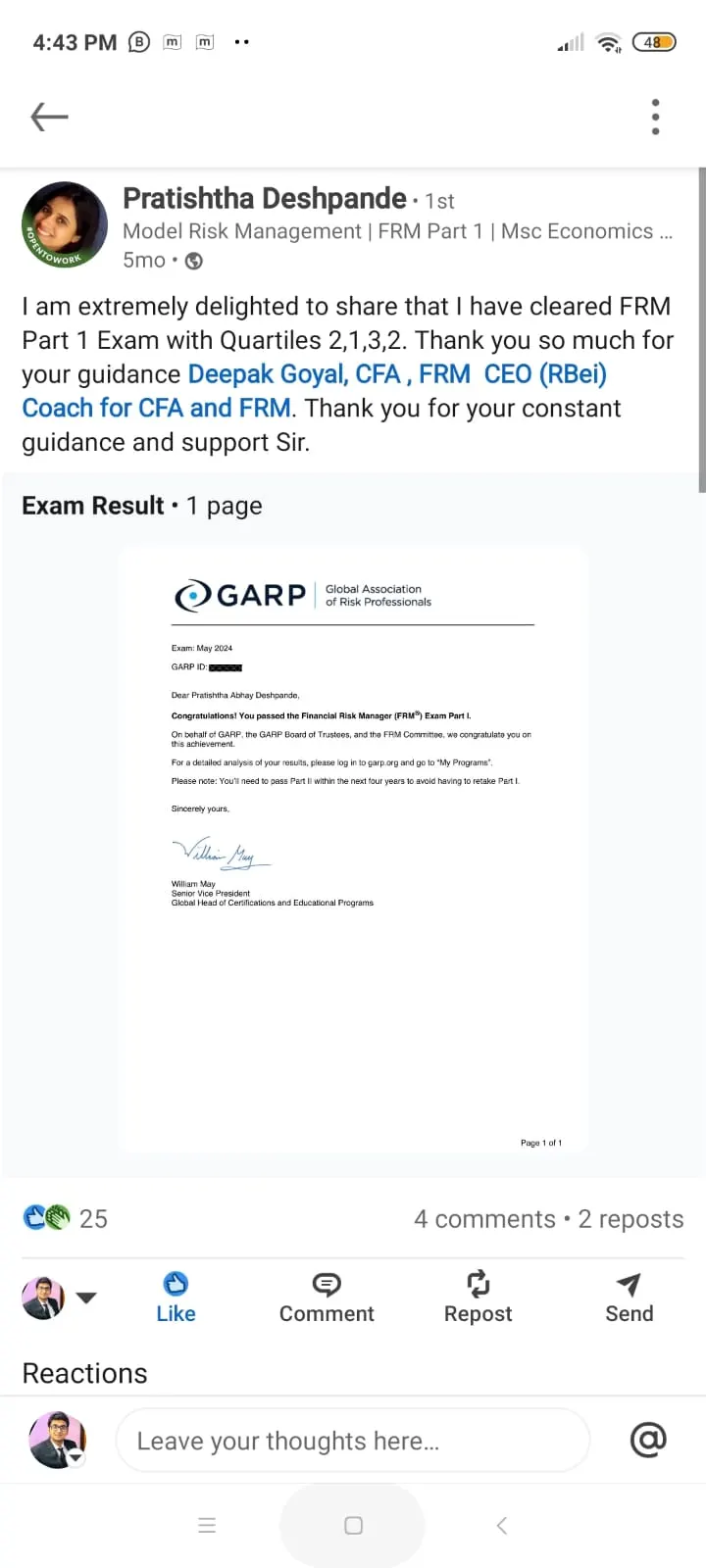 LinkedIn post: RBei Classes student announcing a verified CFA or FRM exam pass