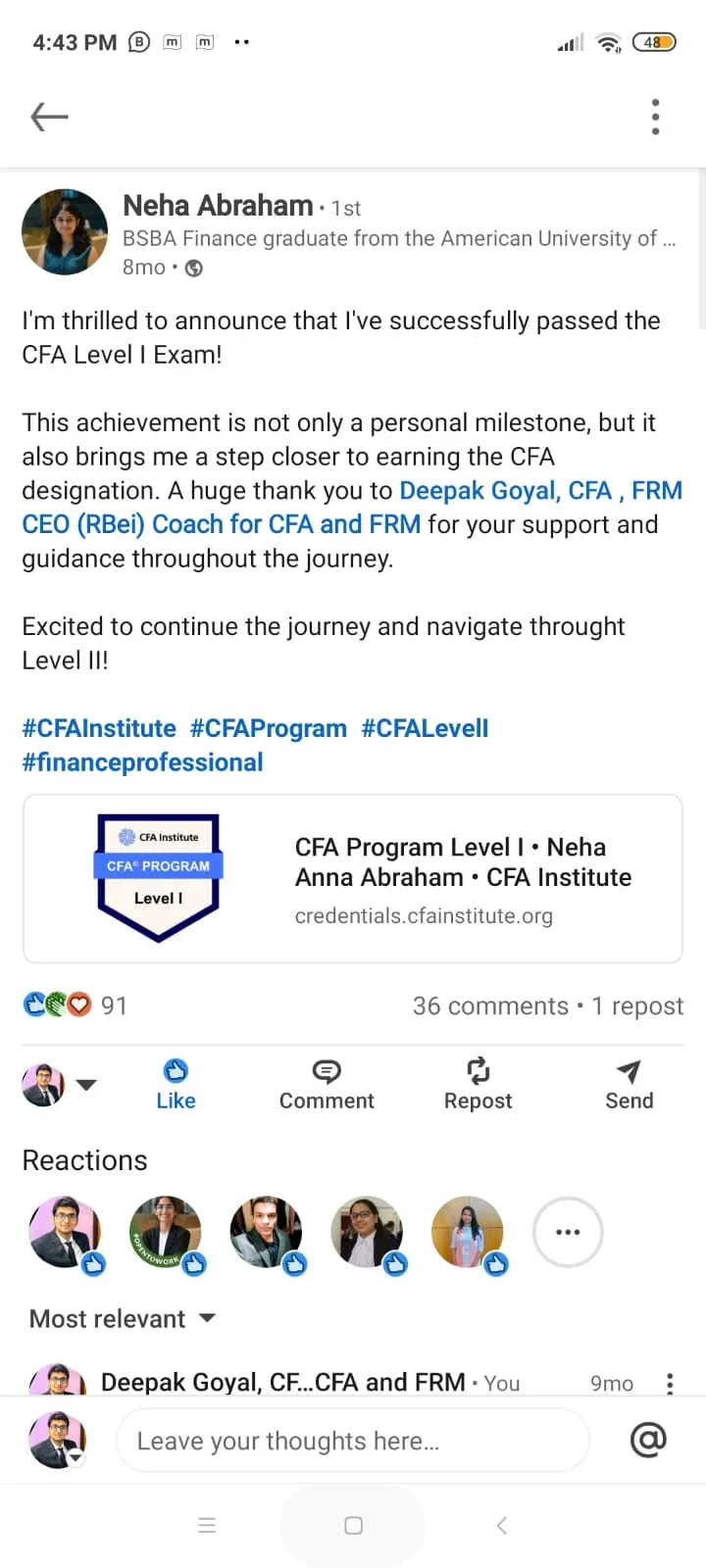 LinkedIn post: RBei Classes CFA exam pass announcement