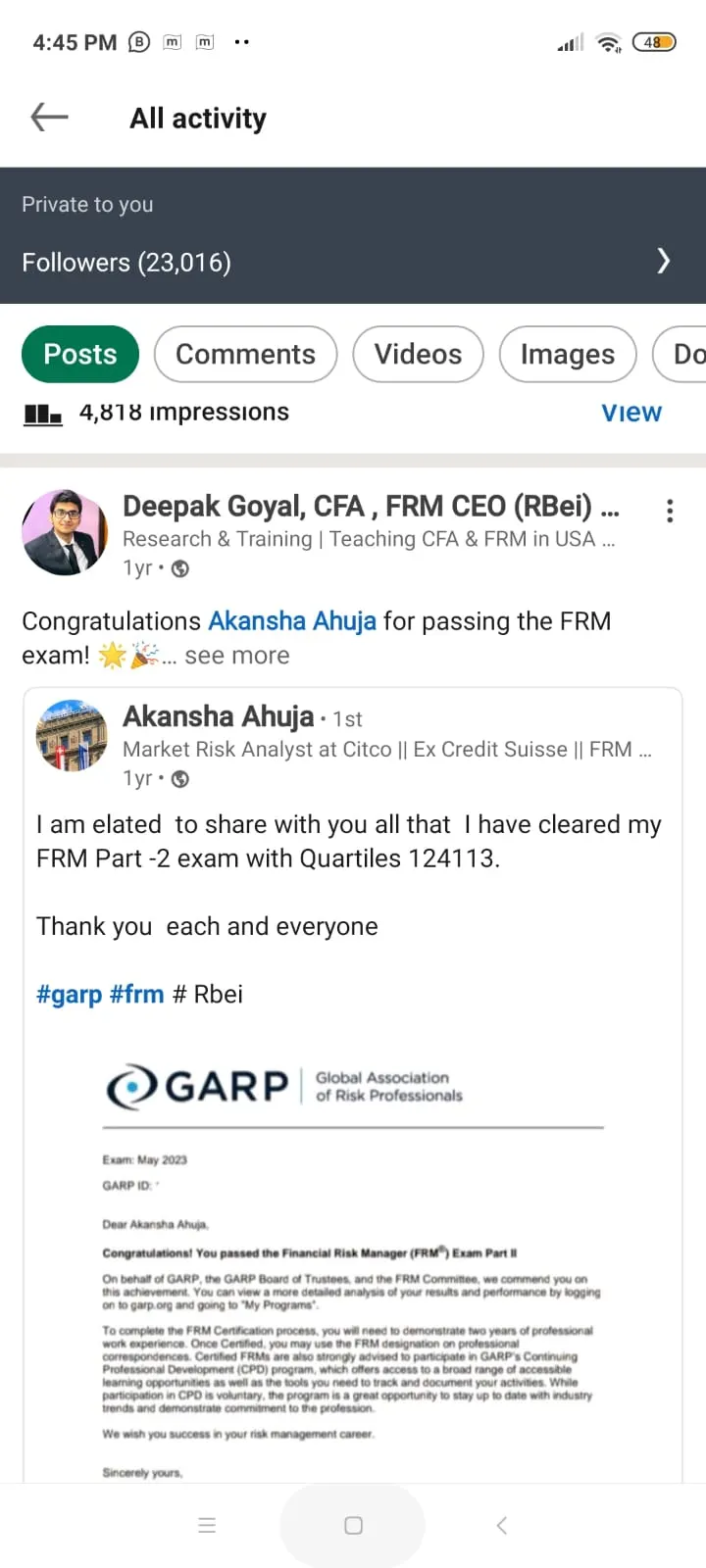 LinkedIn post: RBei Classes student result announcement