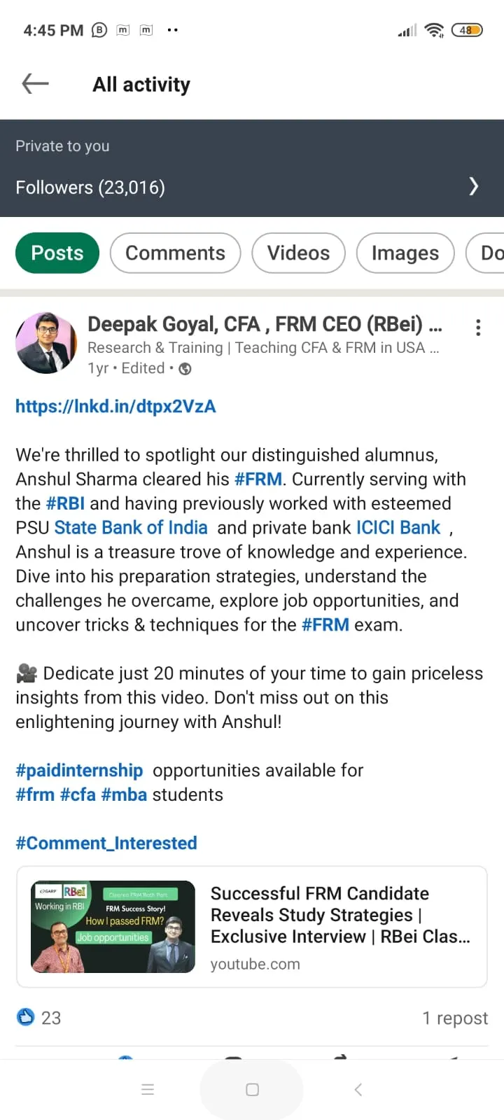 LinkedIn post: RBei Classes FRM student success