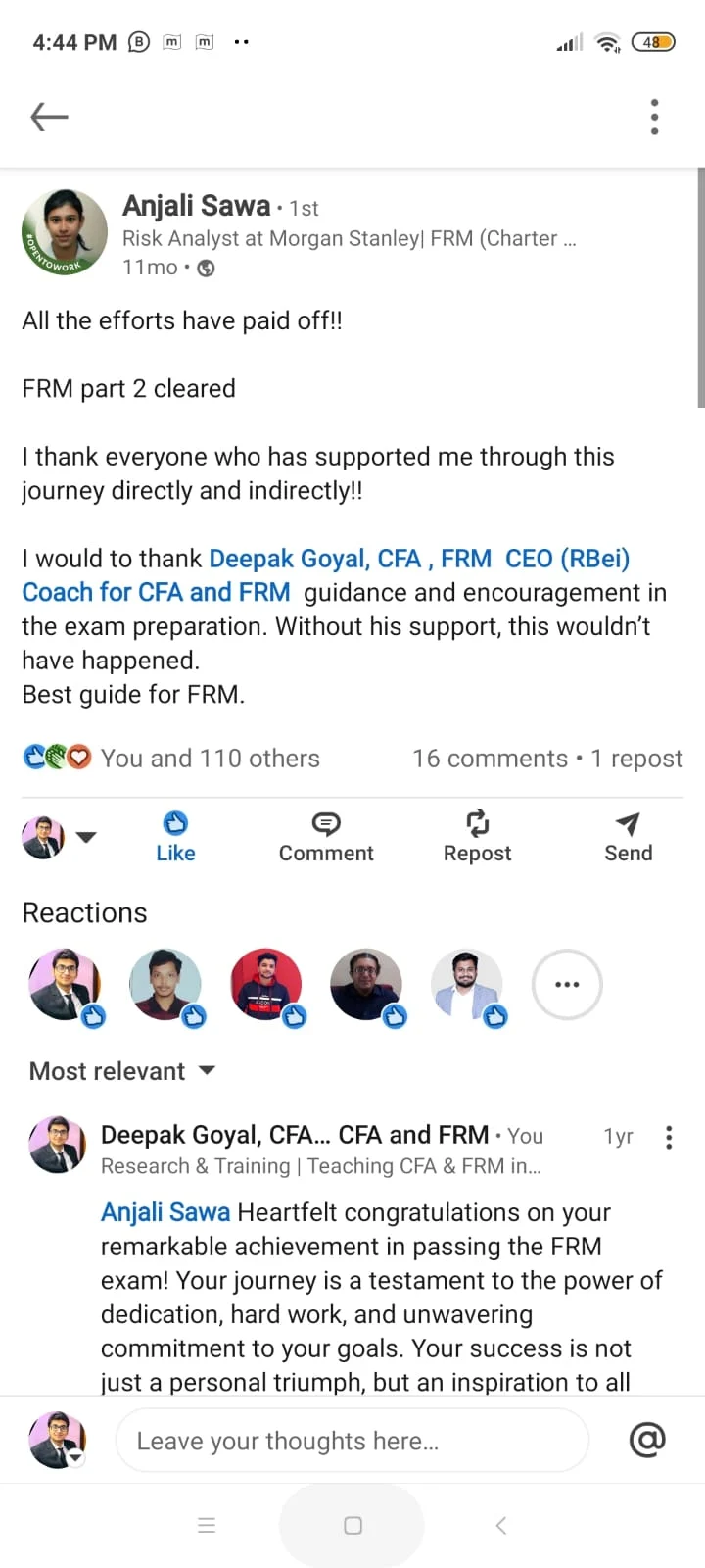 LinkedIn post: RBei Classes CFA student success