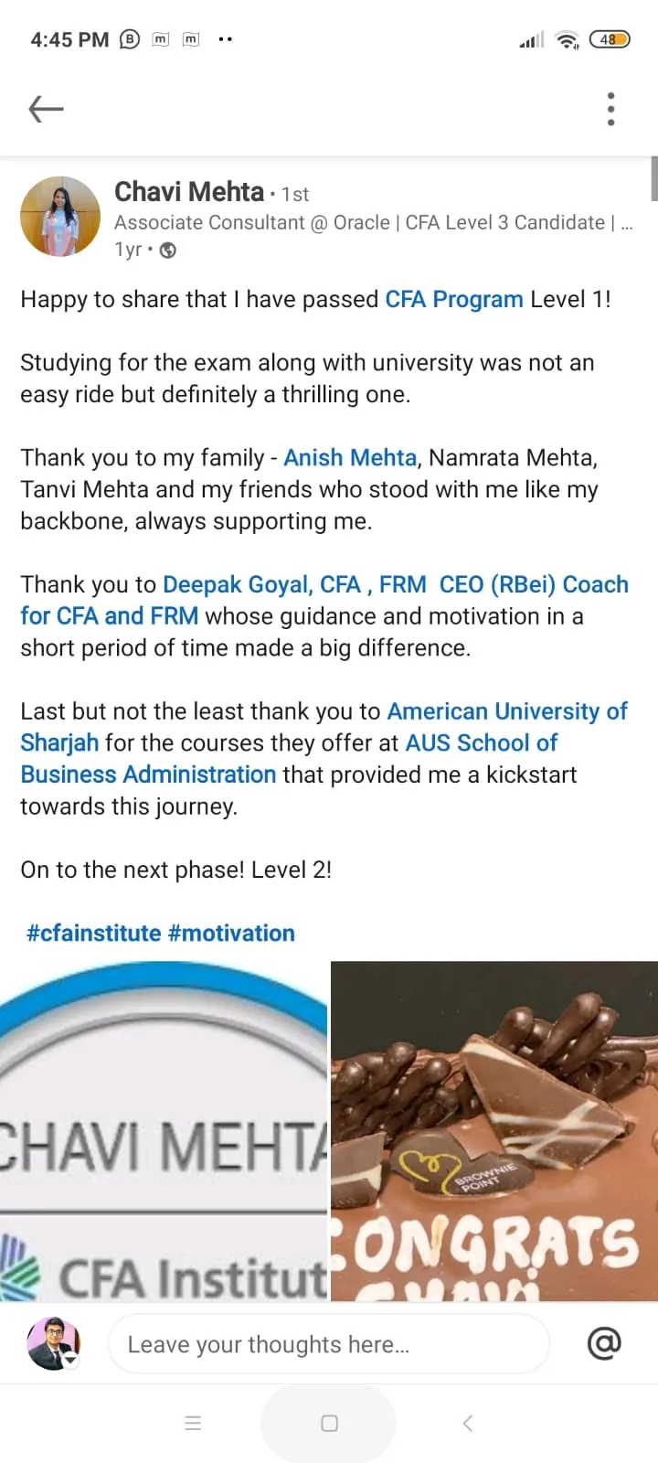 LinkedIn post: RBei Classes student announcing verified pass