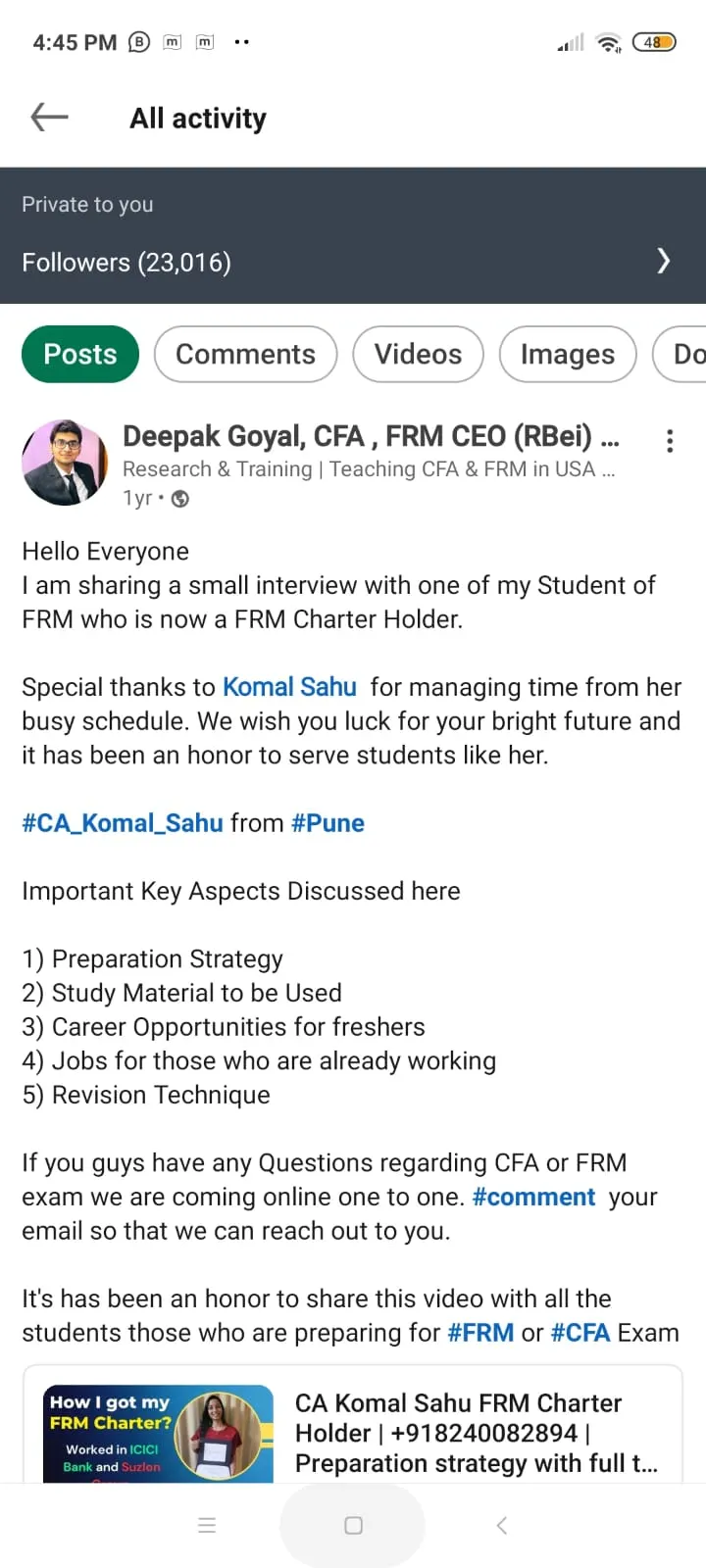 LinkedIn post: RBei Classes student announcing verified CFA or FRM pass