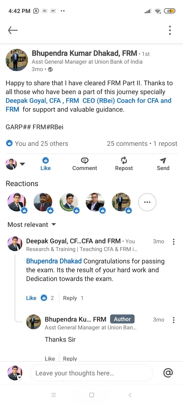 LinkedIn post: RBei Classes student announcing exam pass