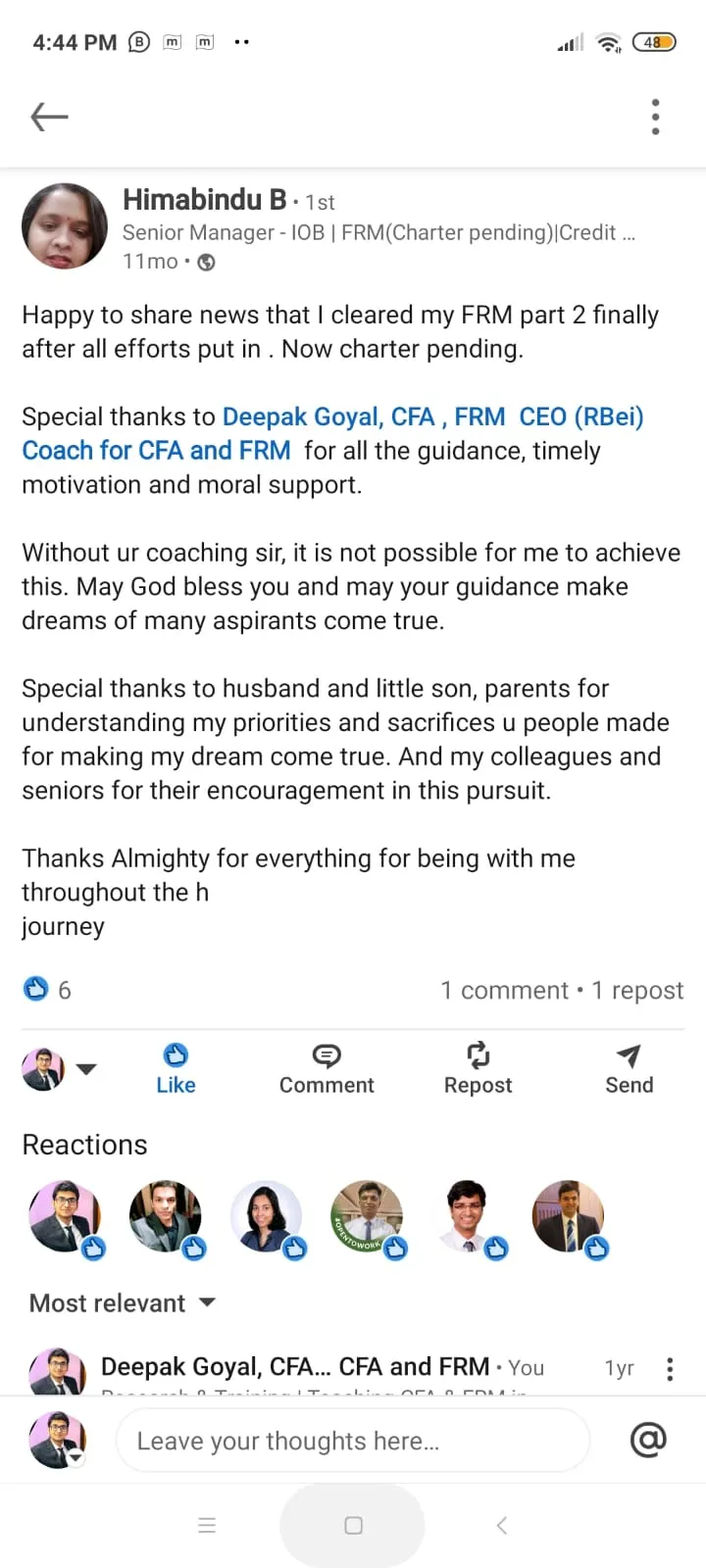 LinkedIn post: RBei Classes CFA student result