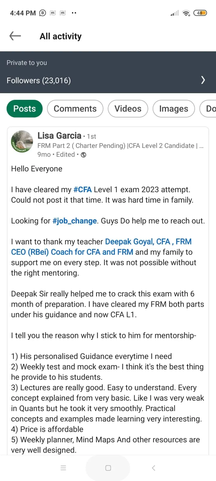 LinkedIn post: RBei Classes FRM exam pass announcement